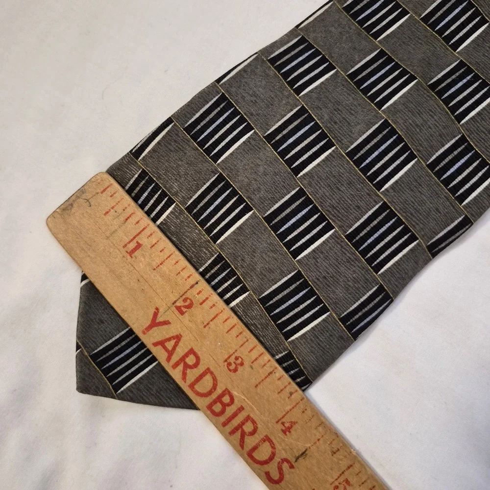 Milano Uomo Tie Mens Xtra-Long‎ Grey Black Geometric Silk Block Pattern USA